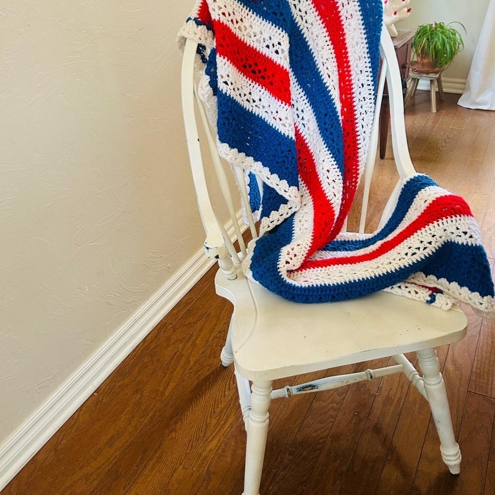 EUC handmade crocheted blanket afghan in red, white and blue. 41x77 inches. - Picture 6 of 7